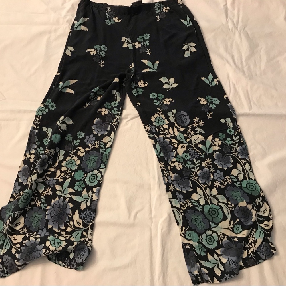 Anthropologie Black and Green Floral Wide Leg Pants